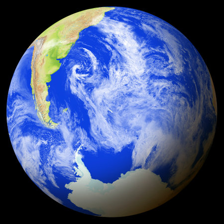 Close view of the earth from space showing South Georgia and the South Sandwich Islands in the center of the image. Light clouds cover parts of the earth.の写真素材