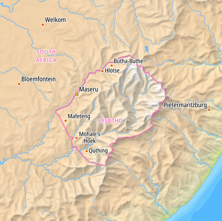 Map of Lesotho and surrounding countries With English country names. Place names In English are used depending on availability.の写真素材