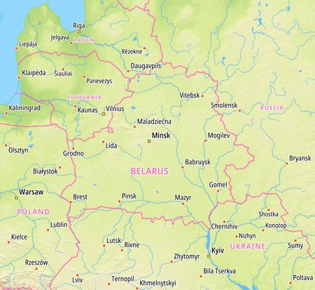 Map of Belarus and surrounding countries With English country names. Place names In English are used depending on availability.の写真素材