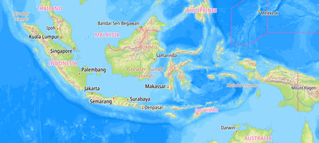 Map of Indonesia and surrounding countries With English country names. Place names In English are used depending on availability.の写真素材