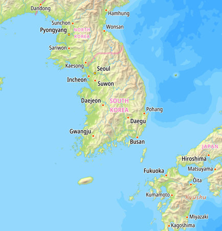 Map of the South Korea and surrounding countries With English country names. Place names In English are used depending on availability.の写真素材