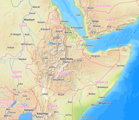 Map of Ethiopia and surrounding countries With English country names. Place names In English are used depending on availability.の写真素材