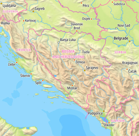 Map of Bosnia and Herzegovina and surrounding countries With English country names. Place names In English are used depending on availability.の写真素材