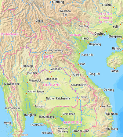 Map of the Laos and surrounding countries With English country names. Place names In English are used depending on availability.の写真素材