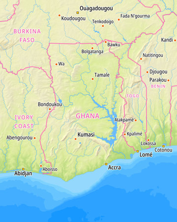 Map of Ghana and surrounding countries With English country names. Place names In English are used depending on availability.の写真素材
