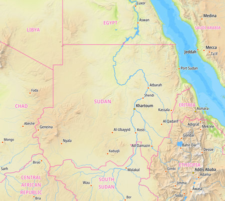 Map of the Sudan and surrounding countries With English country names. Place names In English are used depending on availability.の写真素材