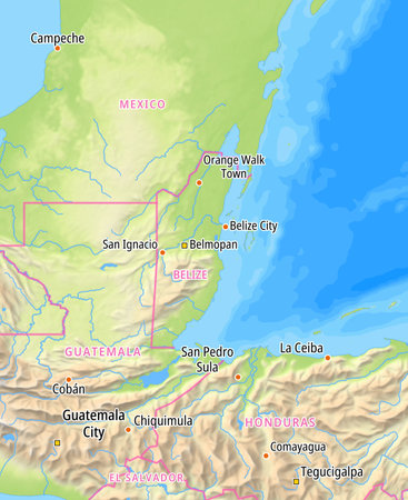 Map of Belize and surrounding countries With English country names. Place names In English are used depending on availability.の写真素材