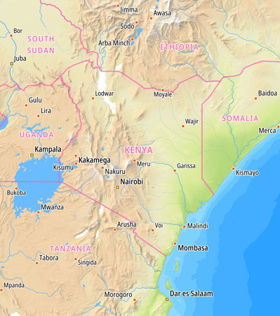 Map of Kenya and surrounding countries With English country names. Place names In English are used depending on availability.の写真素材