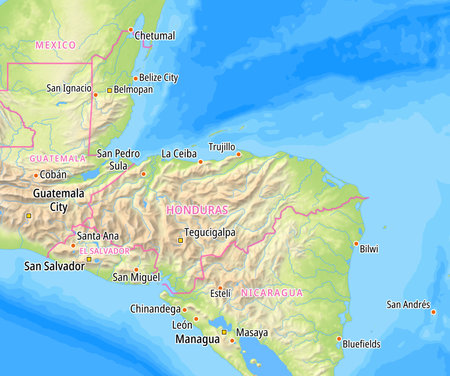 Map of Honduras and surrounding countries With English country names. Place names In English are used depending on availability.の写真素材
