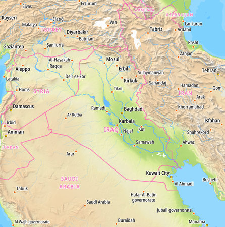 Map of Iraq and surrounding countries With English country names. Place names In English are used depending on availability.の写真素材
