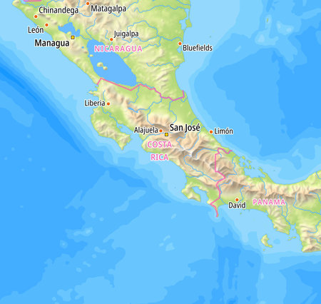 Map of Costa Rica and surrounding countries With English country names. Place names In English are used depending on availability.の写真素材