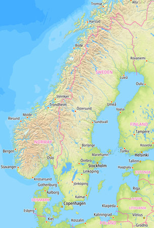 Map of Sweden and surrounding countries With English country names. Place names In English are used depending on availability.の写真素材