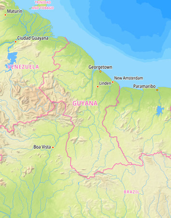 Map of Guyana and surrounding countries With English country names. Place names In English are used depending on availability.の写真素材