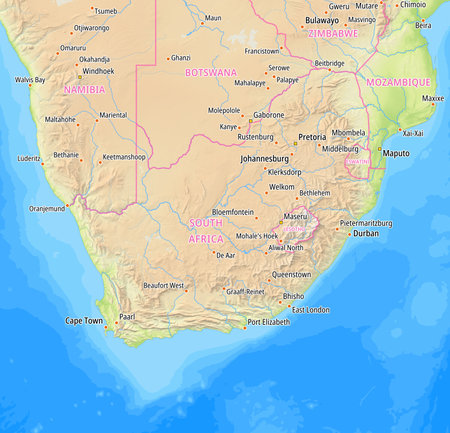 Map of South Africa and surrounding countries With English country names. Place names In English are used depending on availability.の写真素材