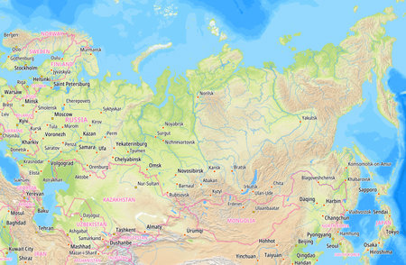 Map of the Russia and surrounding countries With English country names. Place names In English are used depending on availability.の写真素材