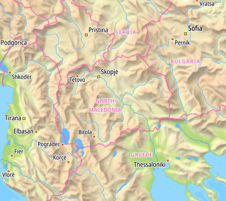 Map of North Macedonia and surrounding countries With English country names. Place names In English are used depending on availability.の写真素材