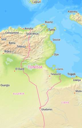 Map of Tunisia and surrounding countries With English country names. Place names In English are used depending on availability.の写真素材