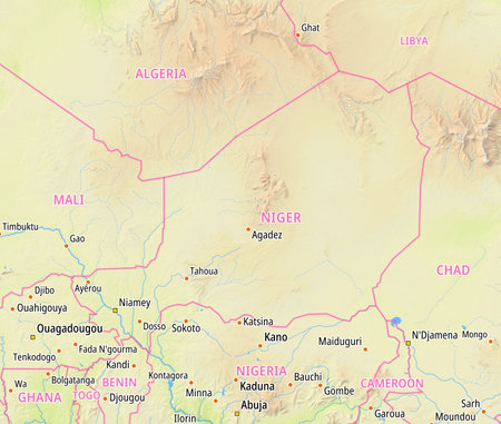 Map of the Niger and surrounding countries With English country names. Place names In English are used depending on availability.の写真素材