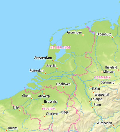 Map of Netherlands and surrounding countries With English country names. Place names In English are used depending on availability.の写真素材