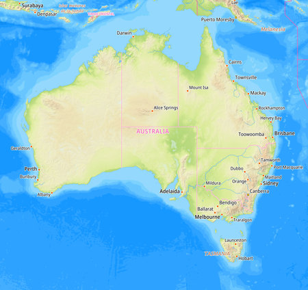 Map of Australia and surrounding countries With Spanish country names. Place names In Spanish are used depending on availability.の写真素材