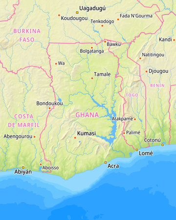 Map of Ghana and surrounding countries With Spanish country names. Place names In Spanish are used depending on availability.の写真素材