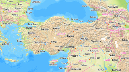 Map of Turkey and surrounding countries With English country names. Place names In English are used depending on availability.の写真素材