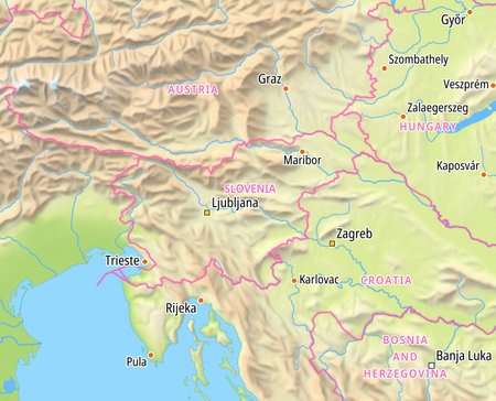 Map of Slovenia and surrounding countries With English country names. Place names In English are used depending on availability.の写真素材