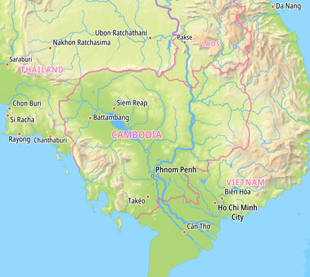 Map of Cambodia and surrounding countries With English country names. Place names In English are used depending on availability.の写真素材
