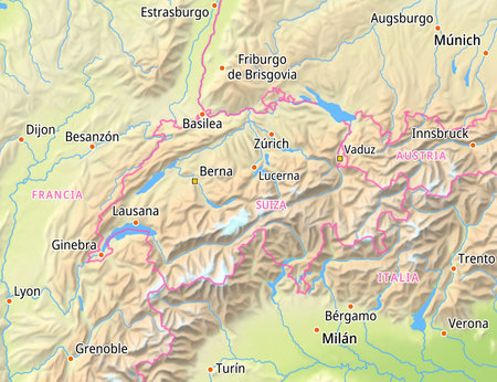 Map of Switzerland and surrounding countries With Spanish country names. Place names In Spanish are used depending on availability.の写真素材