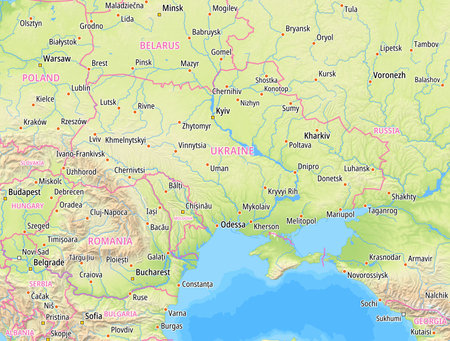 Map of Ukraine and surrounding countries With English country names. Place names In English are used depending on availability.の写真素材