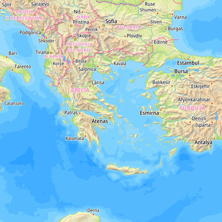 Map of Greece and surrounding countries With Spanish country names. Place names In Spanish are used depending on availability.の写真素材
