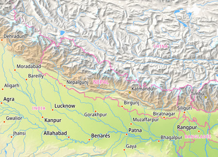 Map of Nepal and surrounding countries With Spanish country names. Place names In Spanish are used depending on availability.の写真素材
