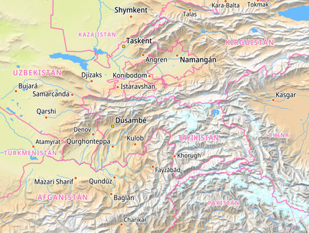Map of Tajikistan and surrounding countries With Spanish country names. Place names In Spanish are used depending on availability.の写真素材