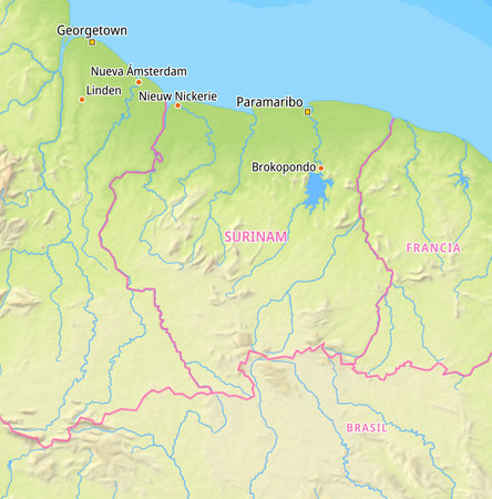 Map of Suriname and surrounding countries With Spanish country names. Place names In Spanish are used depending on availability.の写真素材