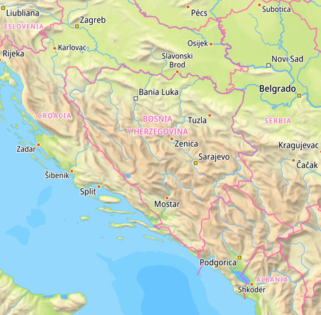 Map of Bosnia and Herzegovina and surrounding countries With Spanish country names. Place names In Spanish are used depending on availability.の写真素材
