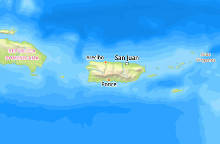 Map of Puerto Rico and surrounding countries With Spanish country names. Place names In Spanish are used depending on availability.の写真素材