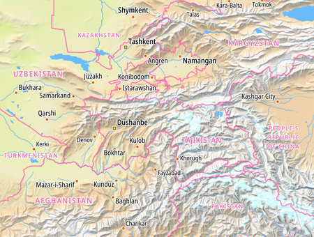 Map of Tajikistan and surrounding countries With English country names. Place names In English are used depending on availability.の写真素材