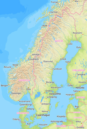 Map of Sweden and surrounding countries With Spanish country names. Place names In Spanish are used depending on availability.の写真素材