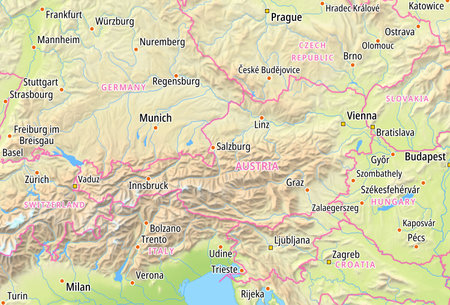 Map of Austria and surrounding countries With English country names. Place names In English are used depending on availability.の写真素材