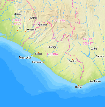 Map of Liberia and surrounding countries With English country names. Place names In English are used depending on availability.の写真素材
