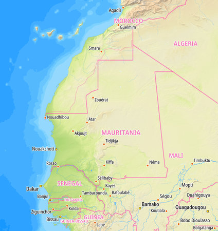 Map of Mauritania and surrounding countries With English country names. Place names In English are used depending on availability.の写真素材