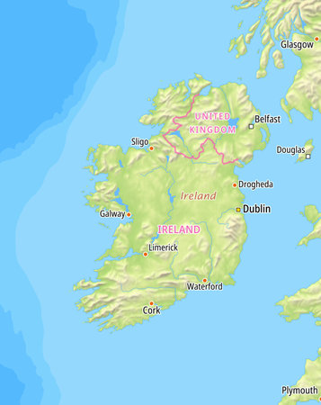 Map of Ireland and surrounding countries With English country names. Place names In English are used depending on availability.の写真素材