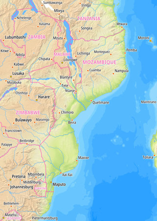 Map of Mozambique and surrounding countries With English country names. Place names In English are used depending on availability.の写真素材
