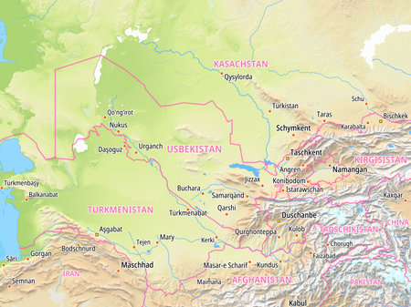 Map of Uzbekistan and surrounding countries With German country names. Place names In German are used depending on availability.の写真素材