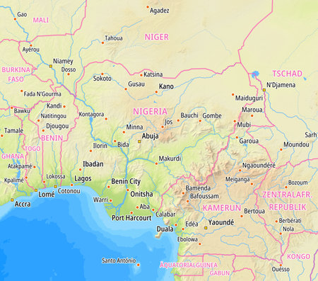 Map of Nigeria and surrounding countries With German country names. Place names In German are used depending on availability.の写真素材