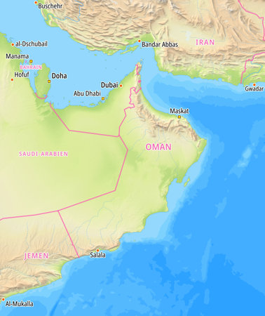 Map of Oman and surrounding countries With German country names. Place names In German are used depending on availability.の写真素材