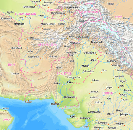 Map of Pakistan and surrounding countries With German country names. Place names In German are used depending on availability.の写真素材