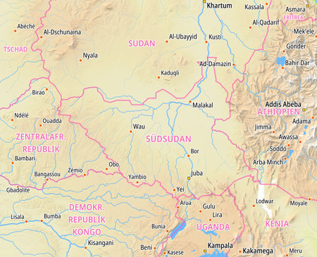Map of South Sudan and surrounding countries With German country names. Place names In German are used depending on availability.の写真素材