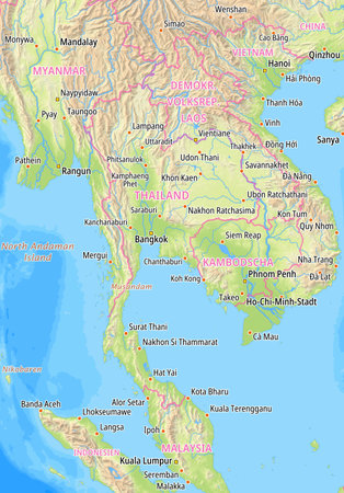 Map of Thailand and surrounding countries With German country names. Place names In German are used depending on availability.の写真素材