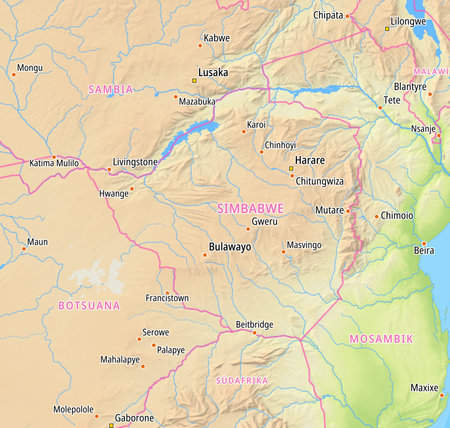 Map of Zimbabwe and surrounding countries With German country names. Place names In German are used depending on availability.の写真素材